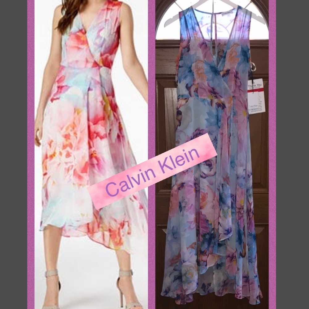 Calvin Klein Faux Wrap Watercolor Floral Chiffon Flowy Midi Cascading Dress
